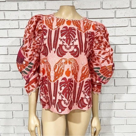 Farm Rio Women’s Ainika Macaws Puff Sleeve Cotton Blouse - Size Large - Picture 9 of 16